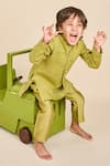 All Boy Couture_Green Kurta Linen Print Polka Dot Bundi And Set _at_Aza_Fashions