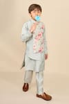 Shop_All Boy Couture_Blue Jacket Linen Print Floral High Low And Kurta Set _at_Aza_Fashions