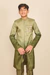 Shop_All Boy Couture_Green Achkan Silk Satin Embroidered Thread Ombre With Pyjama _at_Aza_Fashions