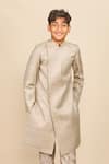 All Boy Couture_Grey Achkan Double Matka Embroidered Thread Placement With Pyjama _Online_at_Aza_Fashions