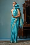 DUSALA_Blue Kosa Silk Duck Peony Motif Handwoven Saree With Running Blouse Piece _at_Aza_Fashions