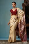 Buy_DUSALA_Beige Kosa Silk Folk Dance Aster Handwoven Saree With Running Blouse Piece _at_Aza_Fashions