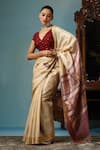 Buy_DUSALA_Beige Kosa Silk Folk Dance Aster Handwoven Saree With Running Blouse Piece _Online_at_Aza_Fashions