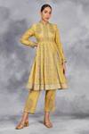 Sue Mue_Yellow Handloom , Tussar, Handwoven Floral Print Short Anarkali Set _at_Aza_Fashions