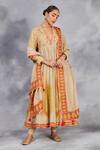 Buy_Sue Mue_Beige Anarkali Handwoven Cotton Tissue Digitally Printed Jaal Of Flowers Set _at_Aza_Fashions