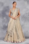 Buy_Sue Mue_Beige Handwoven Cotton Tissue Embroidered Gold Coins Floral Print Lehenga Set _at_Aza_Fashions