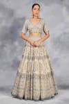 Shop_Sue Mue_Beige Handwoven Cotton Tissue Embroidered Gold Coins Floral Print Lehenga Set _Online_at_Aza_Fashions