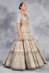 Sue Mue_Beige Handwoven Cotton Tissue Embroidered Gold Coins Floral Print Lehenga Set _at_Aza_Fashions