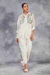 Buy_Sue Mue_Off White Handwoven Chanderi Mulmul Hand Painted Leaves Peplum Top With Pant _at_Aza_Fashions