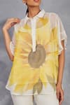 Sue Mue_Off White Handwoven Chanderi Mulmul Hand Painted Sunflower Top With Pant _Online_at_Aza_Fashions