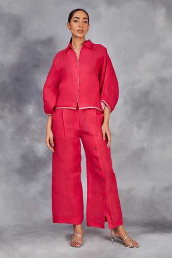 Buy_Sue Mue_Pink Linen Embroidery Collared Handwoven Shirt With Pant _at_Aza_Fashions
