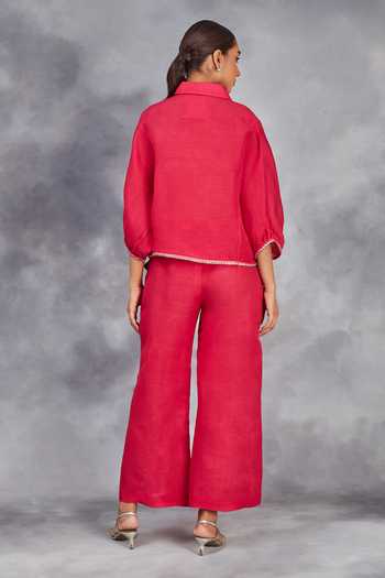 Sue Mue_Pink Linen Embroidery Collared Handwoven Shirt With Pant _Online_at_Aza_Fashions