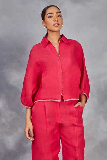 Shop_Sue Mue_Pink Linen Embroidery Collared Handwoven Shirt With Pant _at_Aza_Fashions
