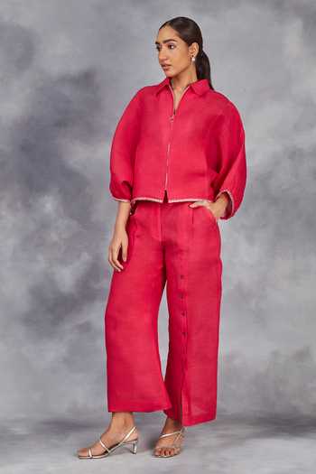 Shop_Sue Mue_Pink Linen Embroidery Collared Handwoven Shirt With Pant _Online_at_Aza_Fashions