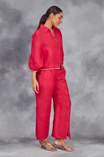 Sue Mue_Pink Linen Embroidery Collared Handwoven Shirt With Pant _at_Aza_Fashions