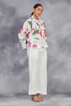 Sue Mue_White Pure Linen Digitally Printed Roses Band Handwoven Top With Pant _at_Aza_Fashions