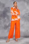 Shop_Sue Mue_Orange Pure Linen Embroidered White Lillies Collared Handwoven Shirt And Pant Set _Online_at_Aza_Fashions