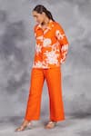 Sue Mue_Orange Pure Linen Embroidered White Lillies Collared Handwoven Shirt And Pant Set _at_Aza_Fashions
