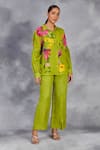 Buy Sue Mue Green Linen Embroidery Collared Floral Print Shirt With Pant at Aza Fashions Buy_Sue Mue_Green Linen Embroidery Collared Floral Print Shirt With Pant _at_Aza_Fashions