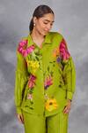 Buy Sue Mue Green Linen Embroidery Collared Floral Print Shirt With Pant Online at Aza Fashions Buy_Sue Mue_Green Linen Embroidery Collared Floral Print Shirt With Pant _Online_at_Aza_Fashions