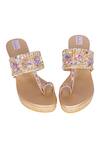 Buy_Fuchsia_Gold Embroidered Sequin Embellished Strap Kolhapuri Wedges _at_Aza_Fashions