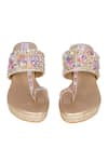 Shop_Fuchsia_Gold Embroidered Sequin Embellished Strap Kolhapuri Wedges _at_Aza_Fashions