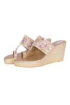 Fuchsia_Gold Embroidered Sequin Embellished Strap Kolhapuri Wedges _at_Aza_Fashions