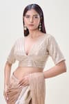 Samyukta Singhania_Gold Net Embroidery Sequin Plunge V Neck Stripe Saree Blouse _Online_at_Aza_Fashions