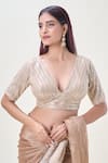 Buy_Samyukta Singhania_Gold Net Embroidery Sequin Plunge V Neck Stripe Saree Blouse _Online_at_Aza_Fashions