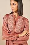 Buy_Grassroot By Anita Dongre_Pink 62.5% Viscose Block Print Threadwork Mandarin Collar Sahla Dabu Kaftan _Online_at_Aza_Fashions