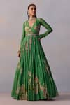 Buy_Kalista_Green Viscose Georgette Print Bloom Deep V Neck Maira Embellished Anarkali _at_Aza_Fashions