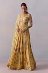 Kalista_Yellow Cotton Silk Print Bahar Scoop Neck Pavika Anarkali With Dupatta _at_Aza_Fashions