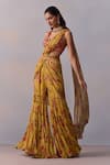 Shop_Kalista_Yellow Viscose Silk Print Rosette Sabia Pre Draped Gharara Saree With Blouse _at_Aza_Fashions