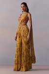 Kalista_Yellow Viscose Silk Print Rosette Sabia Pre Draped Gharara Saree With Blouse _Online_at_Aza_Fashions