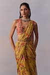 Buy_Kalista_Yellow Viscose Silk Print Rosette Sabia Pre Draped Gharara Saree With Blouse _Online_at_Aza_Fashions