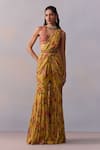 Shop_Kalista_Yellow Viscose Silk Print Rosette Sabia Pre Draped Gharara Saree With Blouse _Online_at_Aza_Fashions