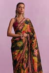 Kalista_Black Viscose Silk Print Musk Ruhie Embellished Pre Draped Saree With Blouse _Online_at_Aza_Fashions