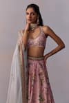 Shop_Kalista_Pink Viscose Silk Print Lily Garden Halter Neisha And Embellished Lehenga Set _Online_at_Aza_Fashions