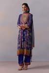 Kalista_Blue Kurta And Pant Viscose Crepe Printed Floral Round Sahiba Mughal Set _Online_at_Aza_Fashions