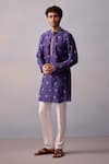 Kalista_Blue Kurta Chanderi Embroidered Floral Mihir Print And Pant Set _Online_at_Aza_Fashions