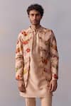 Kalista_Ivory Jacket Viscose Silk Printed Geometric Vintage Floral Ojas Kurta Set _Online_at_Aza_Fashions