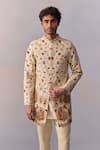 Shop_Kalista_Ivory Achkan Viscose Silk Embroidered Vintage Floral Rehyan Kurta Set With _Online_at_Aza_Fashions