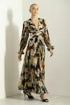 Buy_RANNA GILL_Green Viscose Georgette Lurex Printed Peony V Terza Twisted Pleated Maxi Dress 