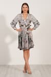 Buy_RANNA GILL_Silver Satin Blend Printed Milan V Neck Giulia Wrap Pleated Short Dress _at_Aza_Fashions