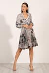 RANNA GILL_Silver Satin Blend Printed Milan V Neck Giulia Wrap Pleated Short Dress _Online_at_Aza_Fashions