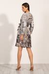 Buy_RANNA GILL_Silver Satin Blend Printed Milan V Neck Giulia Wrap Pleated Short Dress _Online_at_Aza_Fashions