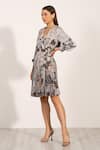 Shop_RANNA GILL_Silver Satin Blend Printed Milan V Neck Giulia Wrap Pleated Short Dress _Online_at_Aza_Fashions