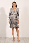 RANNA GILL_Silver Satin Blend Printed Milan V Neck Giulia Wrap Pleated Short Dress _at_Aza_Fashions