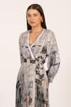 Buy_RANNA GILL_Silver Satin Blend Printed Milan V Neck Giulia Wrap Pleated Short Dress 