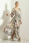 Buy_RANNA GILL_Beige Viscose Georgette Printed Milan V Constantza Ruffled Asymmetric Maxi Dress 